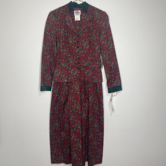 Vintage 80s Lanz Original Dress Paisley Maroon Green Midi Peplum New Sz 8 Cotton